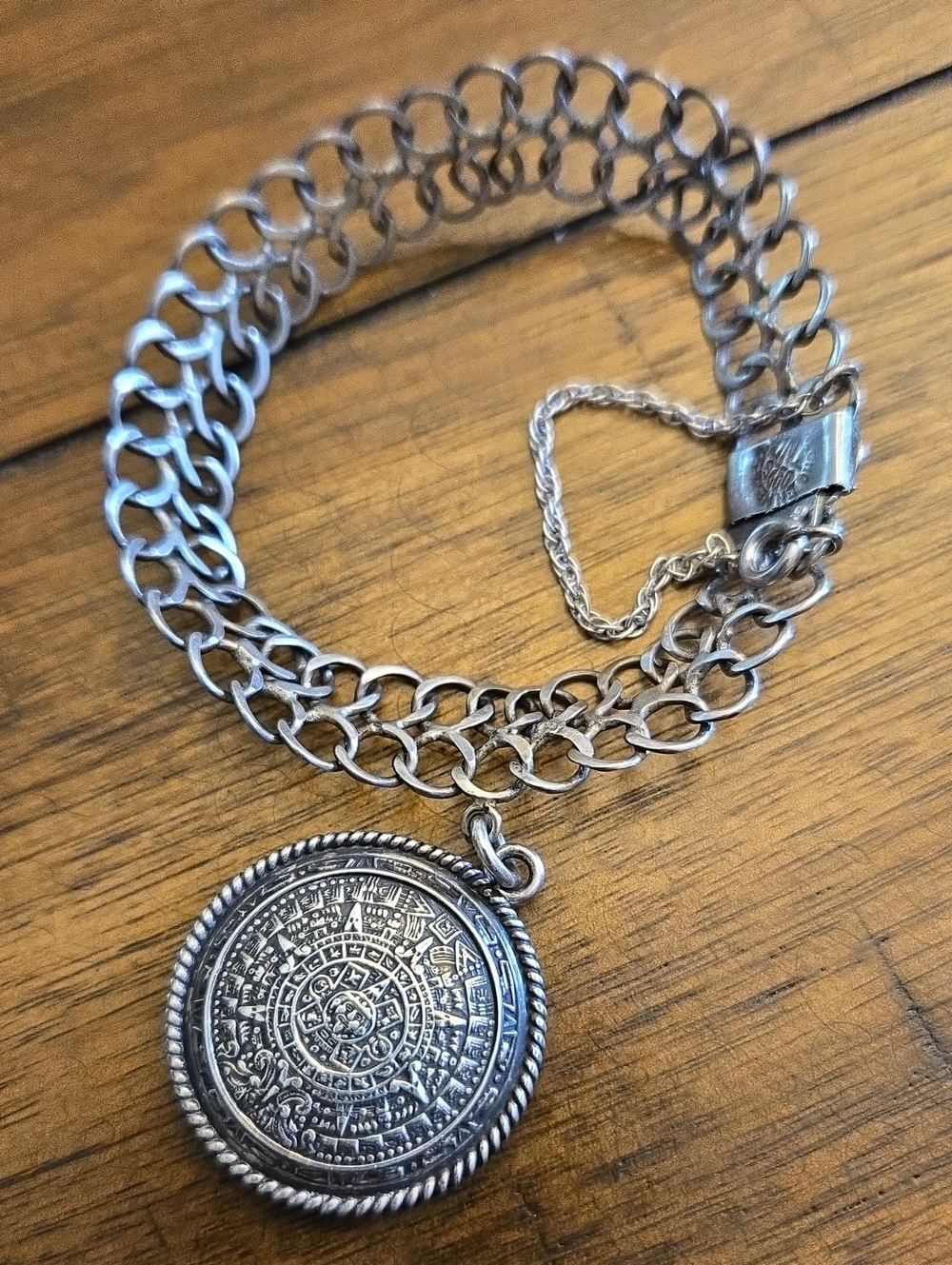 Sterling Silver Multi-Row Chain Bracelet with Aztec Sun Calendar